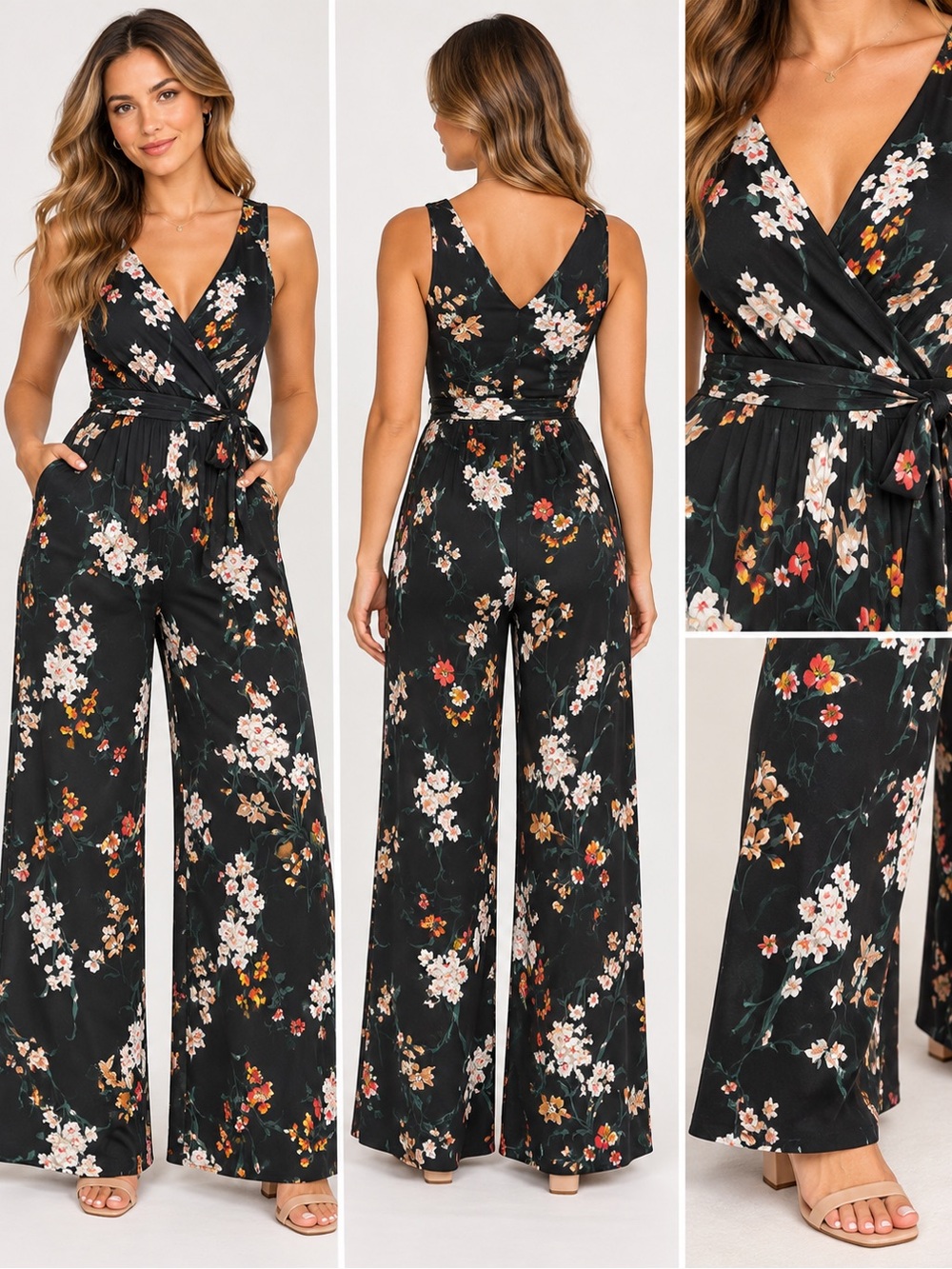Kaileigh Black Floral Wrap Wide-Leg Jumpsuit